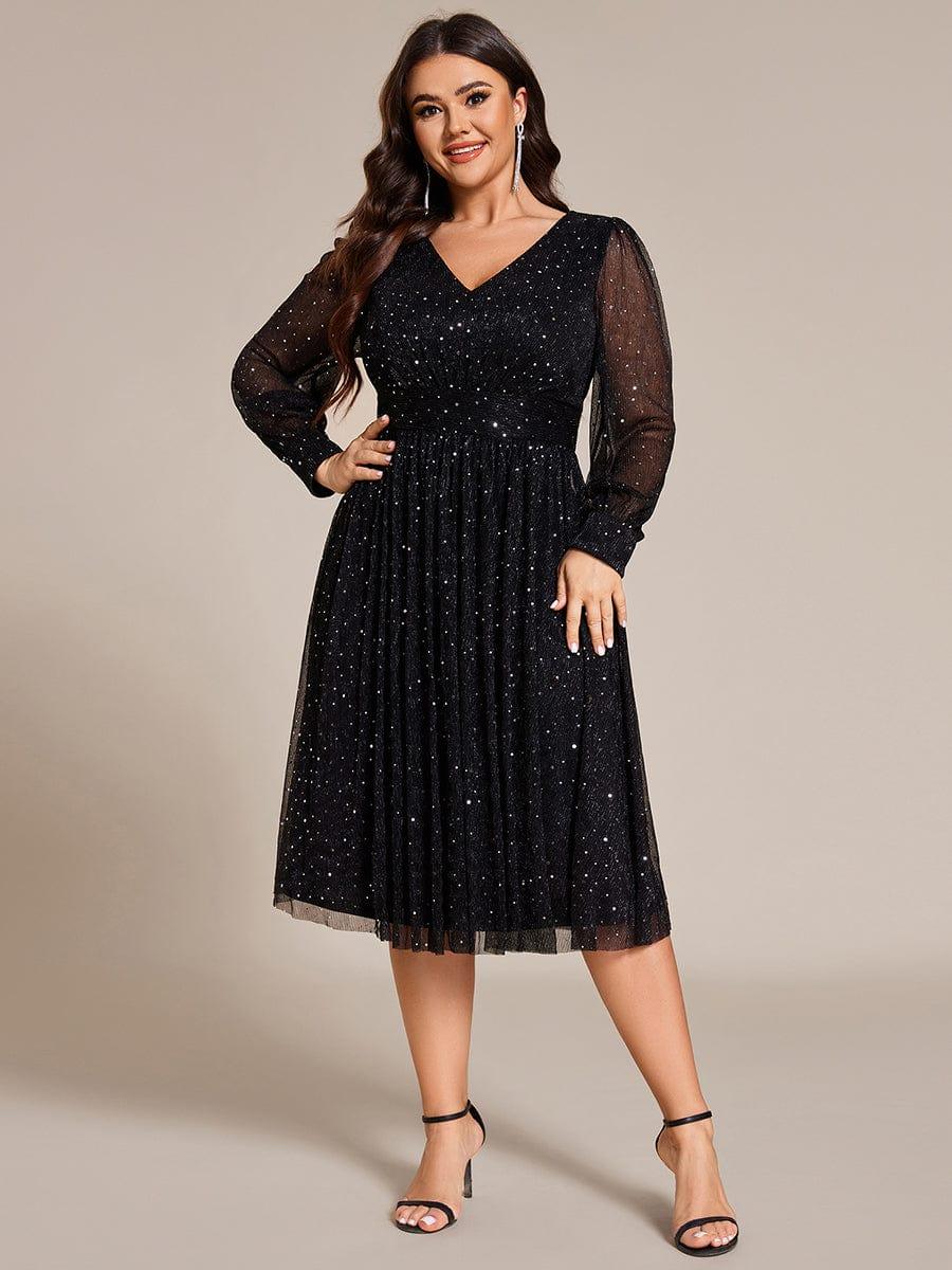 pretty KARLEN|Plus Size Glitter Midi Wedding Guest Dress with Long Sleeves