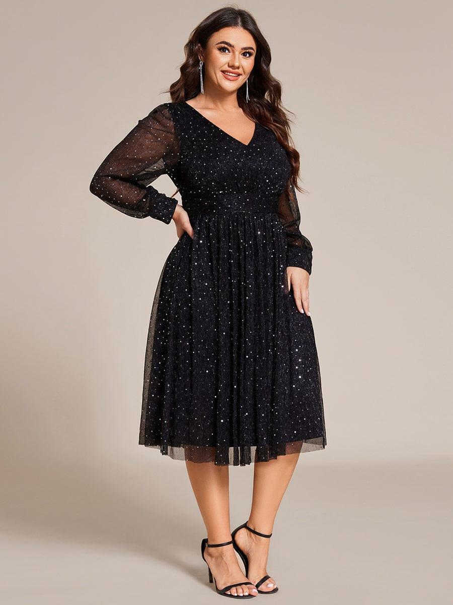 pretty KARLEN|Plus Size Glitter Midi Wedding Guest Dress with Long Sleeves