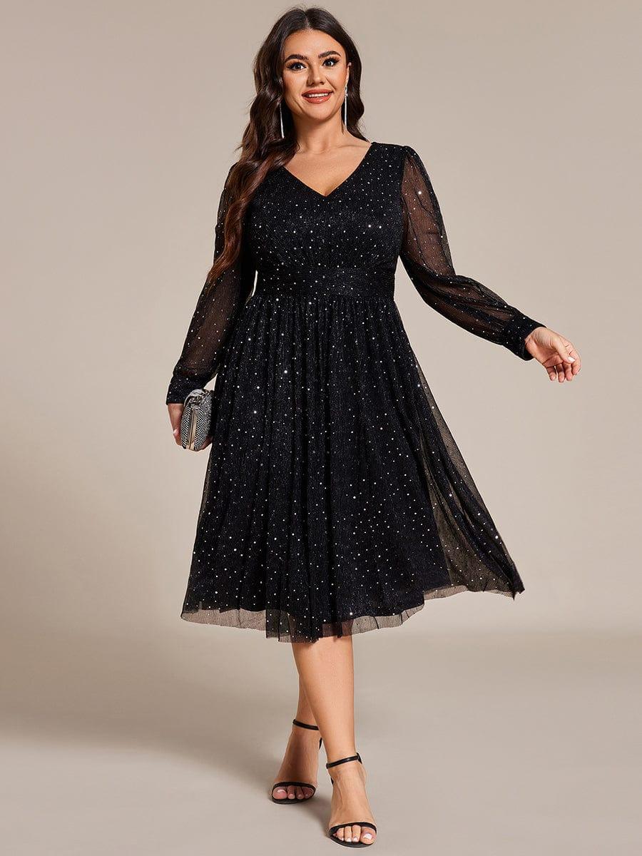 pretty KARLEN|Plus Size Glitter Midi Wedding Guest Dress with Long Sleeves