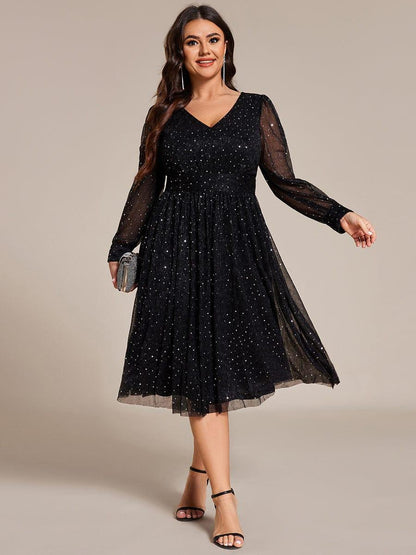 pretty KARLEN|Plus Size Glitter Midi Wedding Guest Dress with Long Sleeves