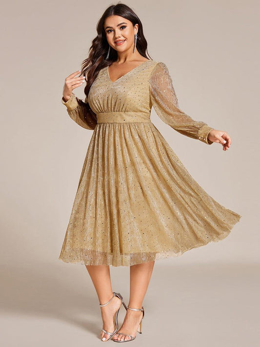 pretty KARLEN|Plus Size Glitter Midi Wedding Guest Dress with Long Sleeves