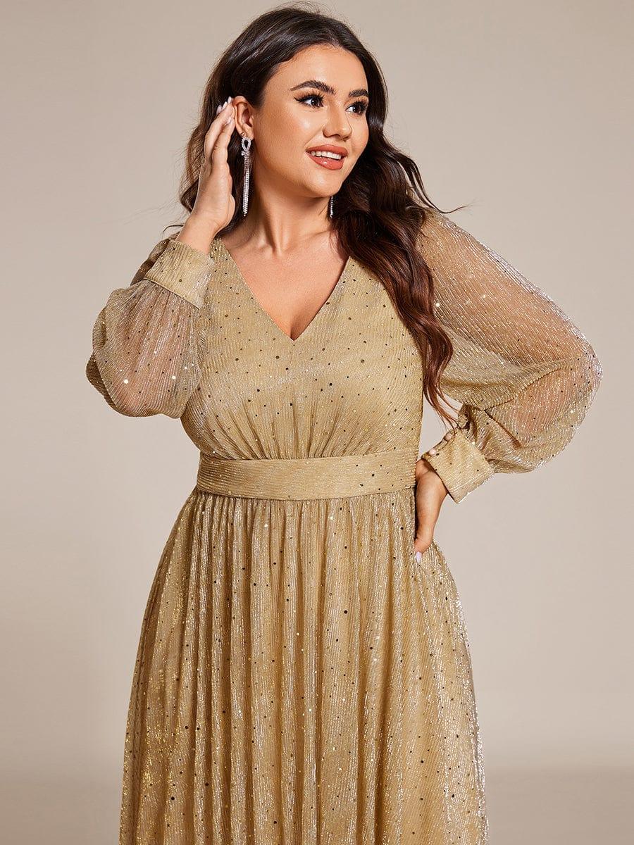 pretty KARLEN|Plus Size Glitter Midi Wedding Guest Dress with Long Sleeves