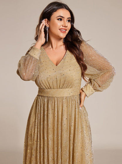 pretty KARLEN|Plus Size Glitter Midi Wedding Guest Dress with Long Sleeves