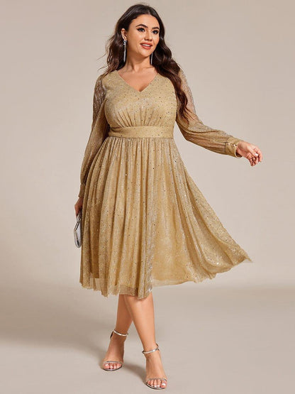 pretty KARLEN|Plus Size Glitter Midi Wedding Guest Dress with Long Sleeves