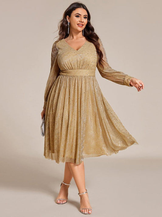 pretty KARLEN|Plus Size Glitter Midi Wedding Guest Dress with Long Sleeves