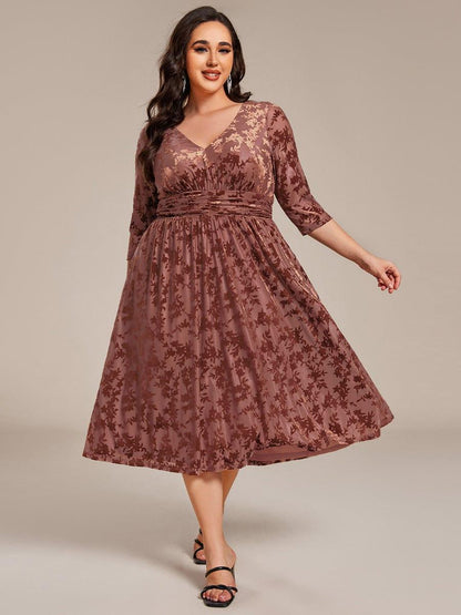 ever NYRA|Floral Velvet 3/4 Sleeve V-Neck Pleated Wedding Guest Dress