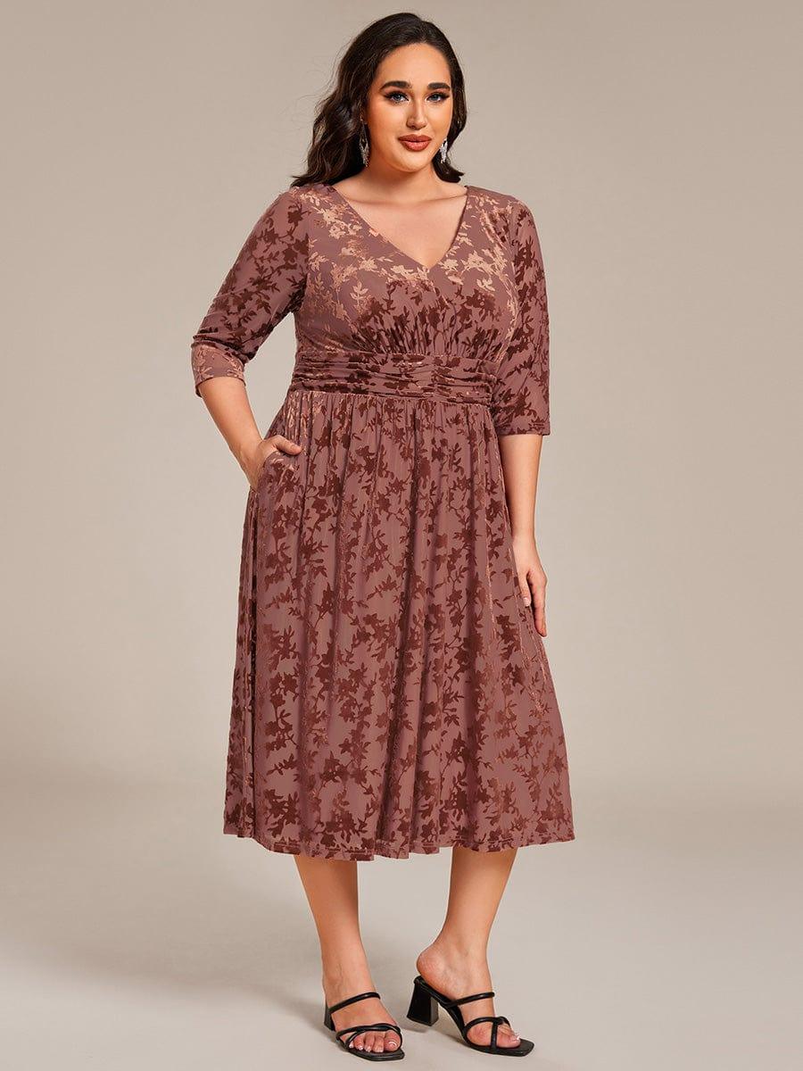 pretty NYRA|Plus Size 3/4 Sleeve Floral Velvet Wedding Guest Dress with Pockets