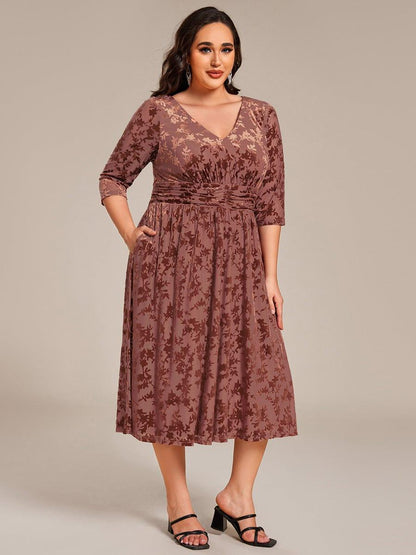 pretty NYRA|Plus Size 3/4 Sleeve Floral Velvet Wedding Guest Dress with Pockets