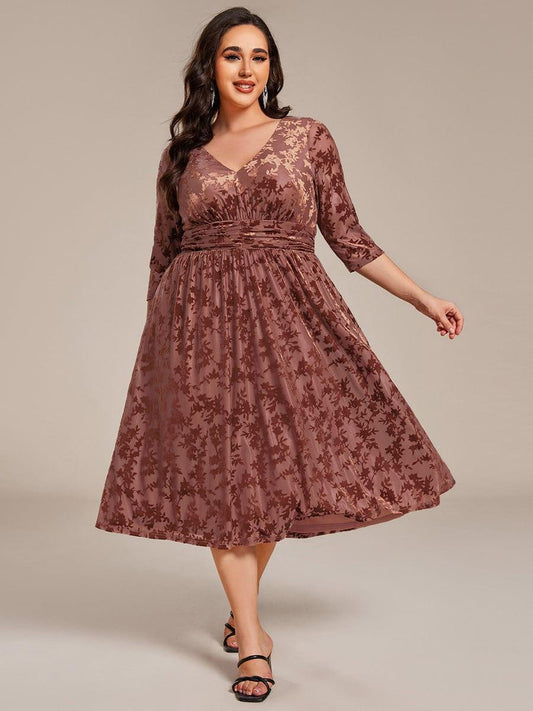 pretty NYRA|Plus Size 3/4 Sleeve Floral Velvet Wedding Guest Dress with Pockets