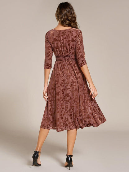ever NYRA|Floral Velvet 3/4 Sleeve V-Neck Pleated Wedding Guest Dress