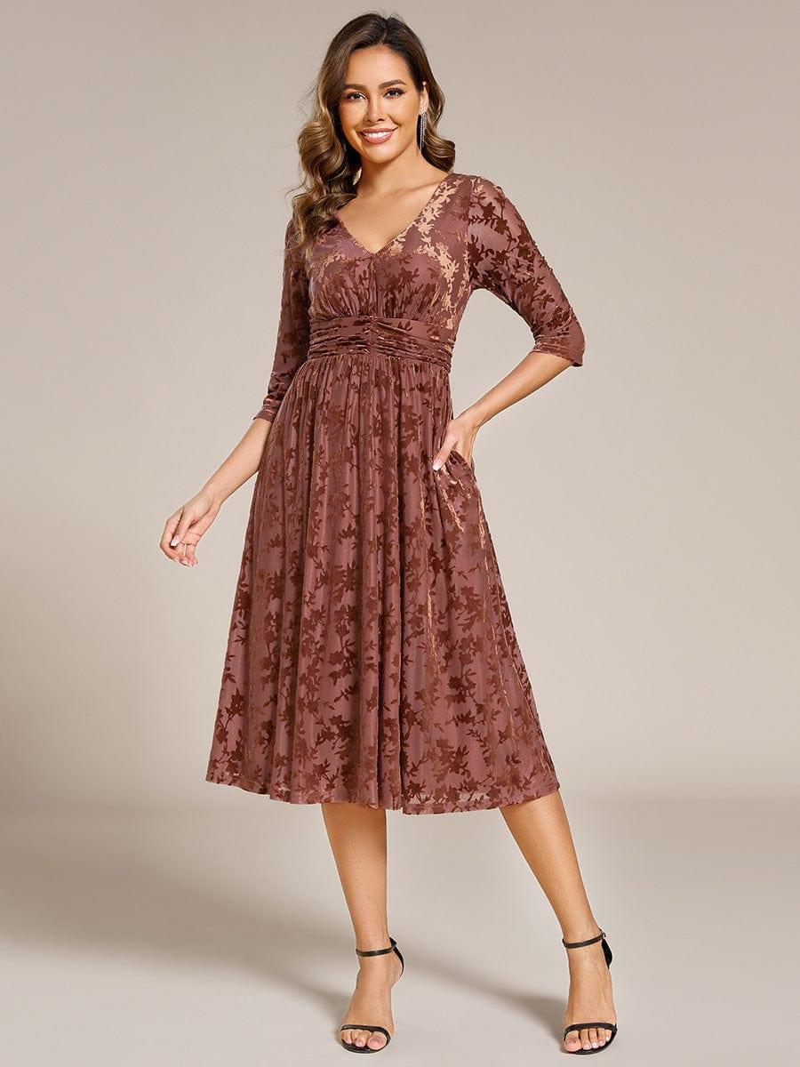 ever NYRA|Floral Velvet 3/4 Sleeve V-Neck Pleated Wedding Guest Dress