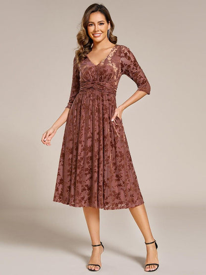 ever NYRA|Floral Velvet 3/4 Sleeve V-Neck Pleated Wedding Guest Dress