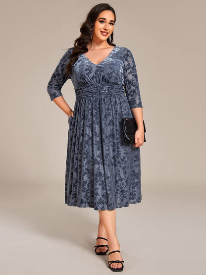 pretty NYRA|Plus Size 3/4 Sleeve Floral Velvet Wedding Guest Dress with Pockets