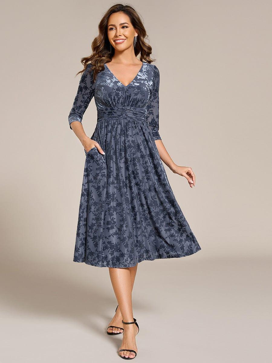 ever NYRA|Floral Velvet 3/4 Sleeve V-Neck Pleated Wedding Guest Dress