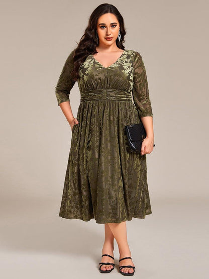 ever NYRA|Floral Velvet 3/4 Sleeve V-Neck Pleated Wedding Guest Dress