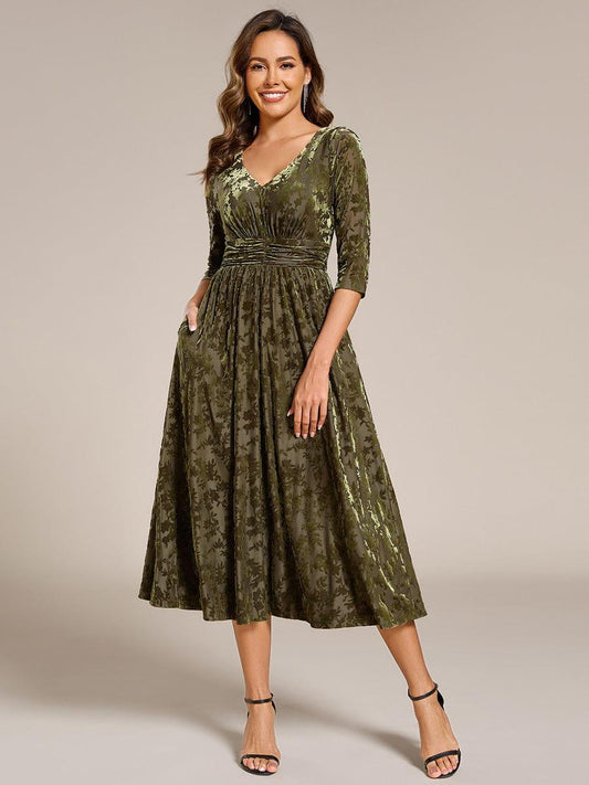 ever NYRA|Floral Velvet 3/4 Sleeve V-Neck Pleated Wedding Guest Dress