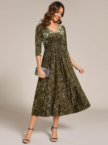 ever NYRA|Floral Velvet 3/4 Sleeve V-Neck Pleated Wedding Guest Dress