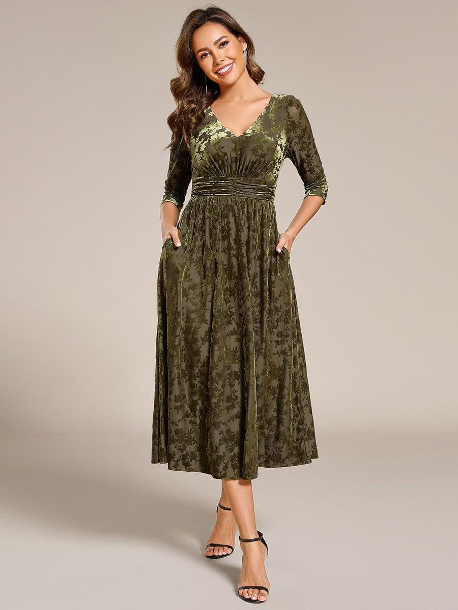 ever NYRA|Floral Velvet 3/4 Sleeve V-Neck Pleated Wedding Guest Dress