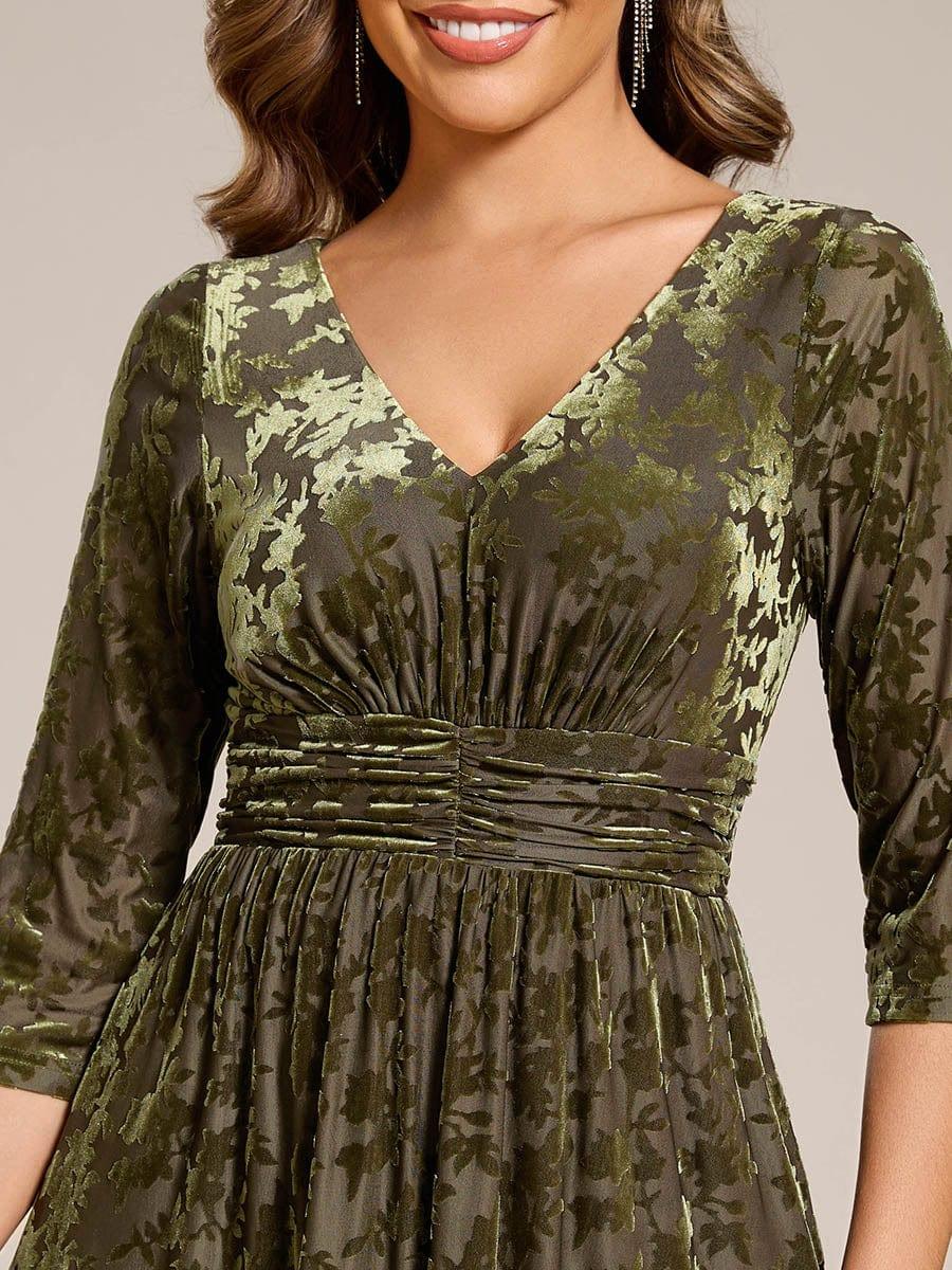 ever NYRA|Floral Velvet 3/4 Sleeve V-Neck Pleated Wedding Guest Dress