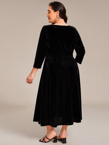 ever ARLET|Long Sleeve High Stretch Velvet Tea Length Wedding Guest Dress