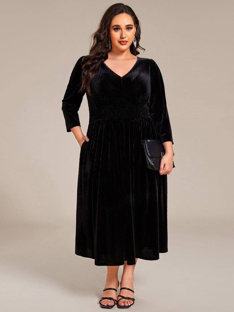 pretty ARLET|Plus Size Elegant Pleated Velvet Stretchy Tea Length Wedding Guest Dress