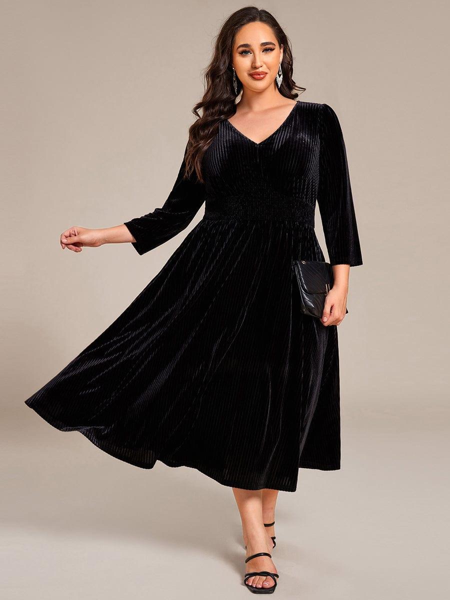 pretty ARLET|Plus Size Elegant Pleated Velvet Stretchy Tea Length Wedding Guest Dress