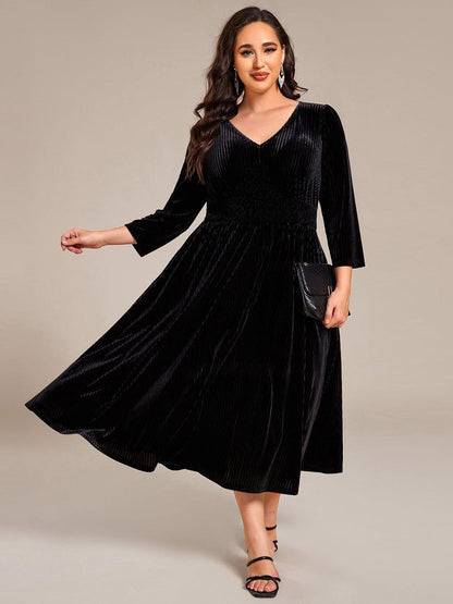 pretty ARLET|Plus Size Elegant Pleated Velvet Stretchy Tea Length Wedding Guest Dress