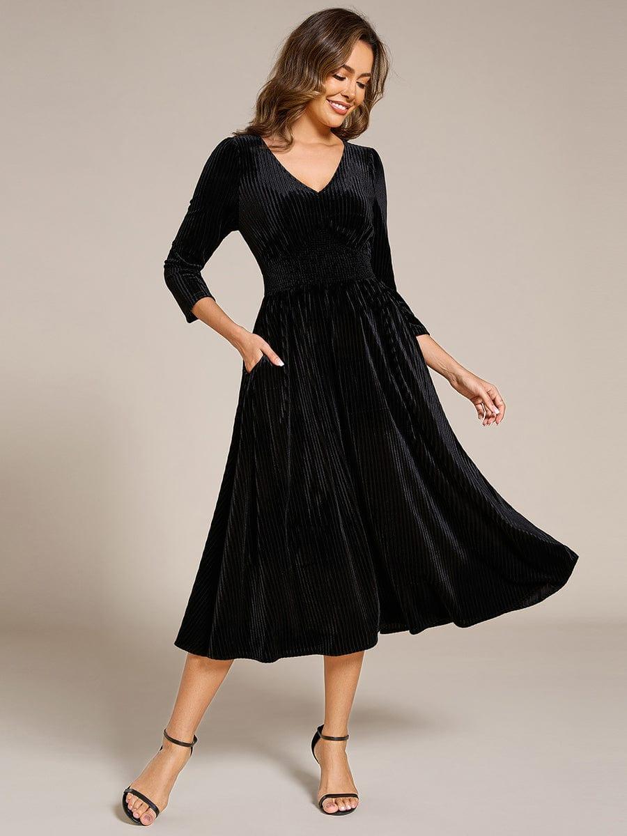 ever ARLET|Long Sleeve High Stretch Velvet Tea Length Wedding Guest Dress