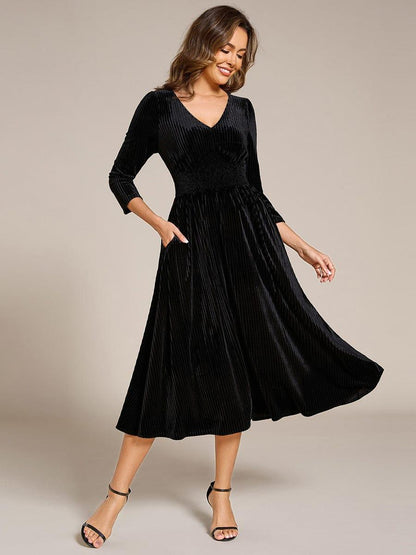 ever ARLET|Long Sleeve High Stretch Velvet Tea Length Wedding Guest Dress