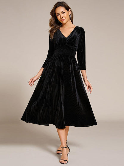 ever ARLET|Long Sleeve High Stretch Velvet Tea Length Wedding Guest Dress