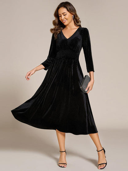 ever ARLET|Long Sleeve High Stretch Velvet Tea Length Wedding Guest Dress