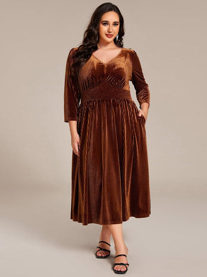 pretty ARLET|Plus Size Elegant Pleated Velvet Stretchy Tea Length Wedding Guest Dress