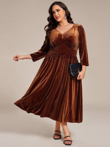 pretty ARLET|Plus Size Elegant Pleated Velvet Stretchy Tea Length Wedding Guest Dress