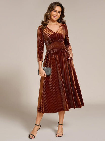 ever ARLET|Long Sleeve High Stretch Velvet Tea Length Wedding Guest Dress