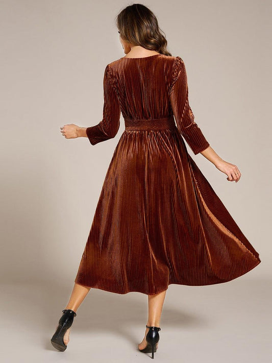 ever ARLET|Long Sleeve High Stretch Velvet Tea Length Wedding Guest Dress