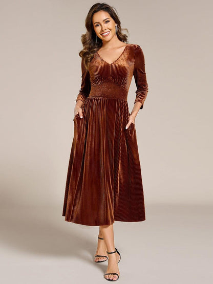 ever ARLET|Long Sleeve High Stretch Velvet Tea Length Wedding Guest Dress