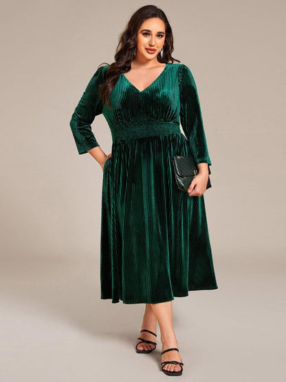 pretty ARLET|Plus Size Elegant Pleated Velvet Stretchy Tea Length Wedding Guest Dress