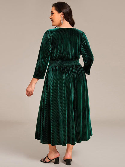 ever ARLET|Long Sleeve High Stretch Velvet Tea Length Wedding Guest Dress