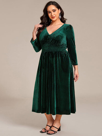 pretty ARLET|Plus Size Elegant Pleated Velvet Stretchy Tea Length Wedding Guest Dress