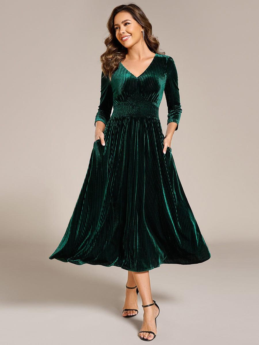 ever ARLET|Long Sleeve High Stretch Velvet Tea Length Wedding Guest Dress