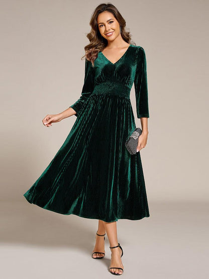 ever ARLET|Long Sleeve High Stretch Velvet Tea Length Wedding Guest Dress