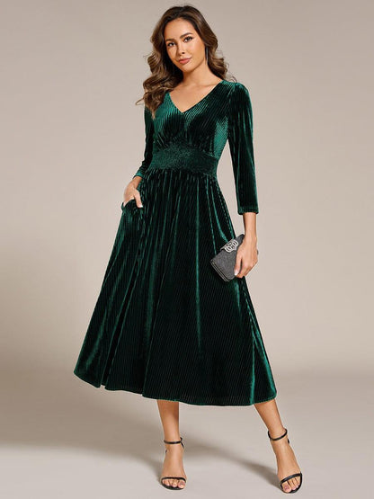 ever ARLET|Long Sleeve High Stretch Velvet Tea Length Wedding Guest Dress
