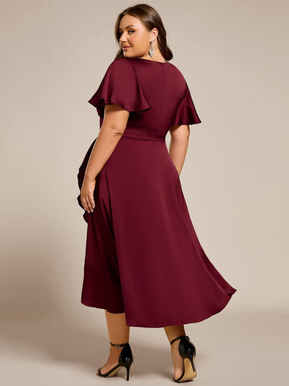 ever SAIGE|V-Neck Satin Midi Wedding Guest Dress with Ruffled Skirt