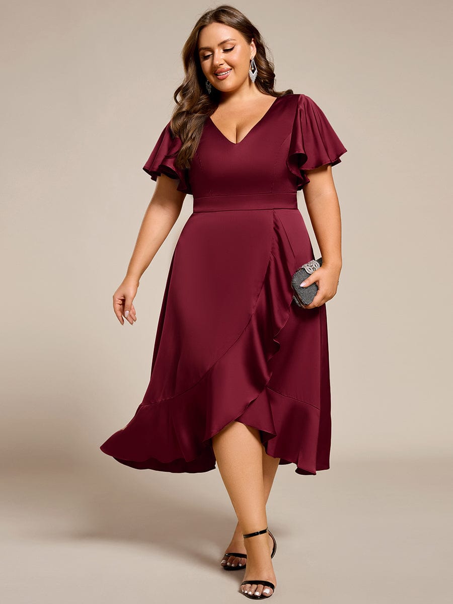ever SAIGE|V-Neck Satin Midi Wedding Guest Dress with Ruffled Skirt