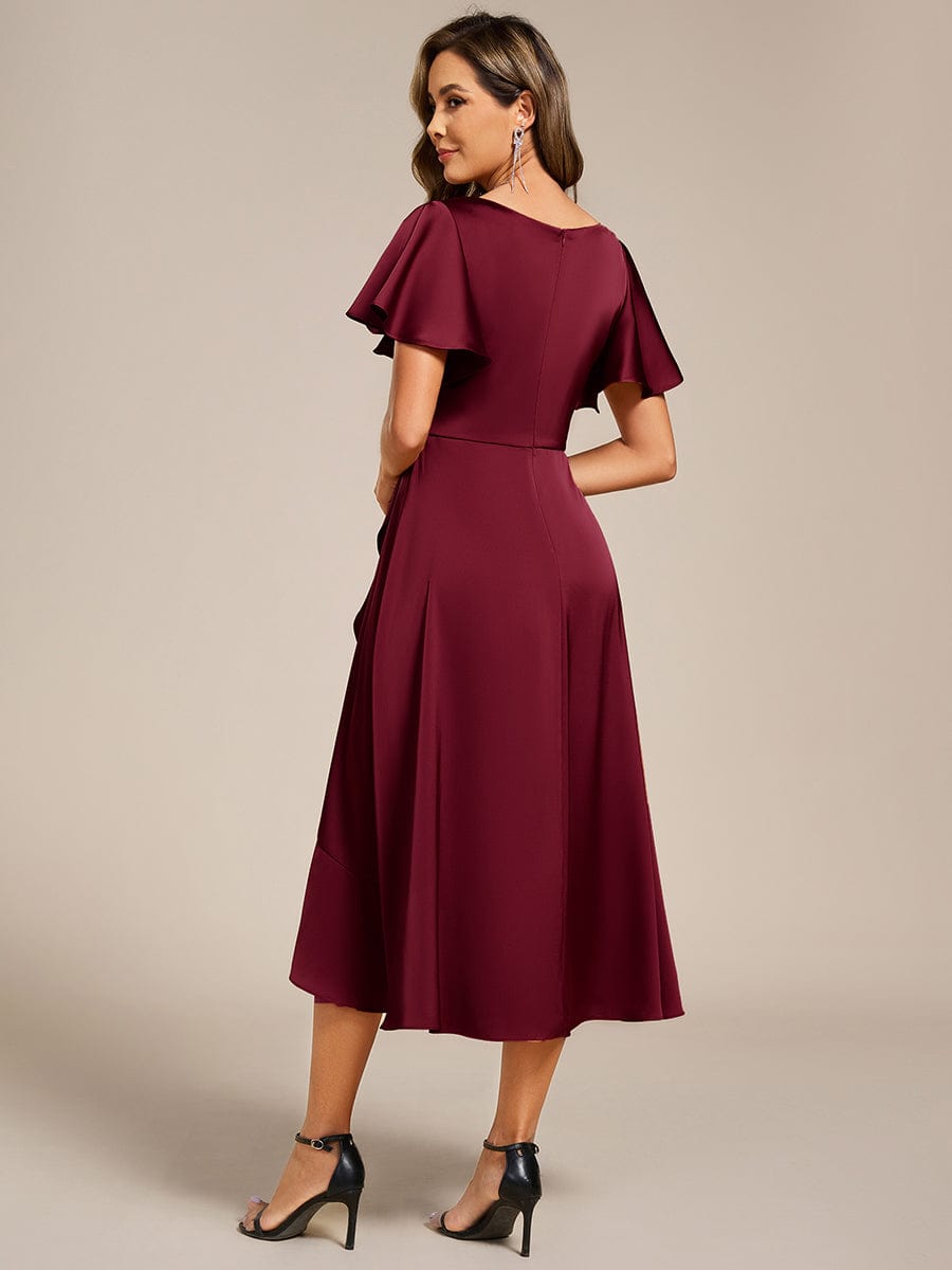 ever SAIGE|V-Neck Satin Midi Wedding Guest Dress with Ruffled Skirt