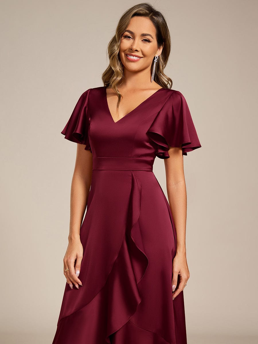 ever SAIGE|V-Neck Satin Midi Wedding Guest Dress with Ruffled Skirt