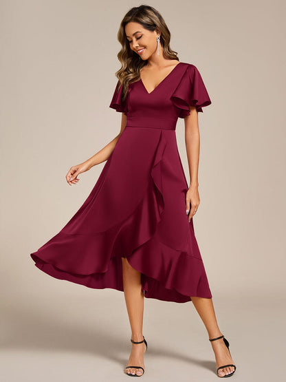 ever SAIGE|V-Neck Satin Midi Wedding Guest Dress with Ruffled Skirt