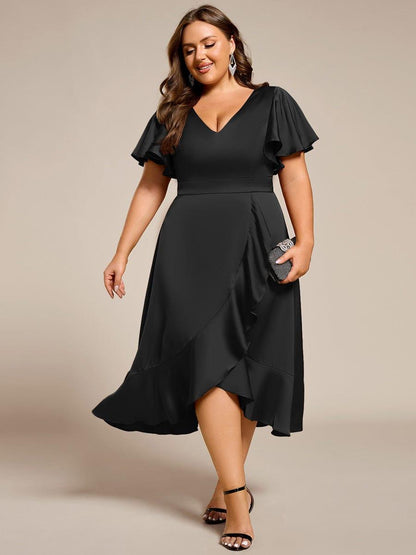ever SAIGE|V-Neck Satin Midi Wedding Guest Dress with Ruffled Skirt