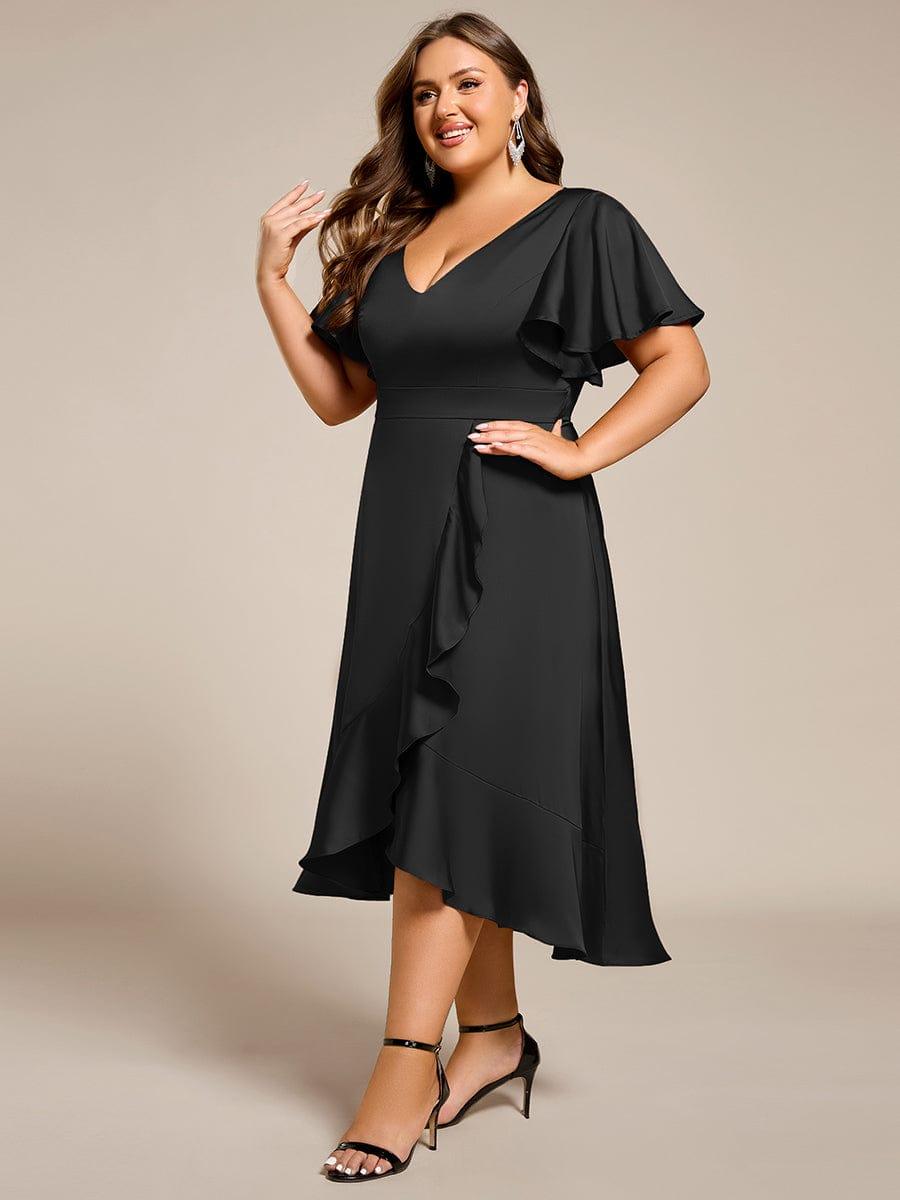 ever SAIGE|V-Neck Satin Midi Wedding Guest Dress with Ruffled Skirt