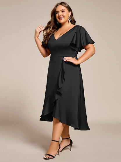 pretty SAIGE|Plus Size V-Neck Satin Midi Wedding Guest Dress with Ruffled Skirt
